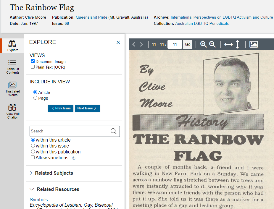 Search result for the rainbow flag article by Clive Moore.