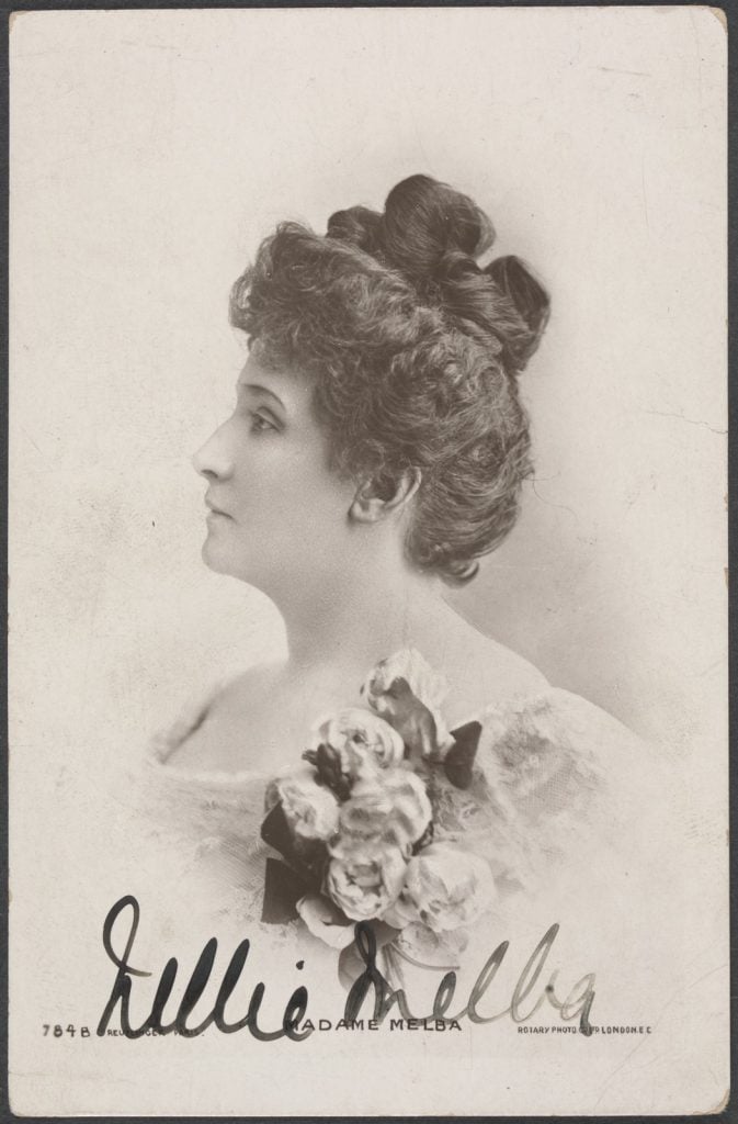 Photo portrait of Nellie Melba in profile with her signature across the bottom. 