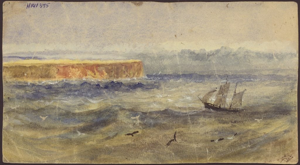 Watercolour painting of a sailing boast in a choppy sea, a few birds swirling in the foreground and sandy cliffs beyond. the sky is pale blue with clouds on the horizon
