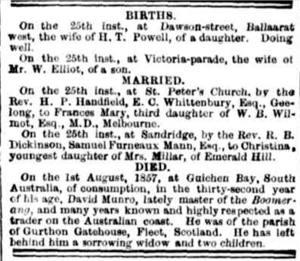 Screenshot of Family Notices section of The Argus newspaper from 1857, including birth, marriage and death notices.
