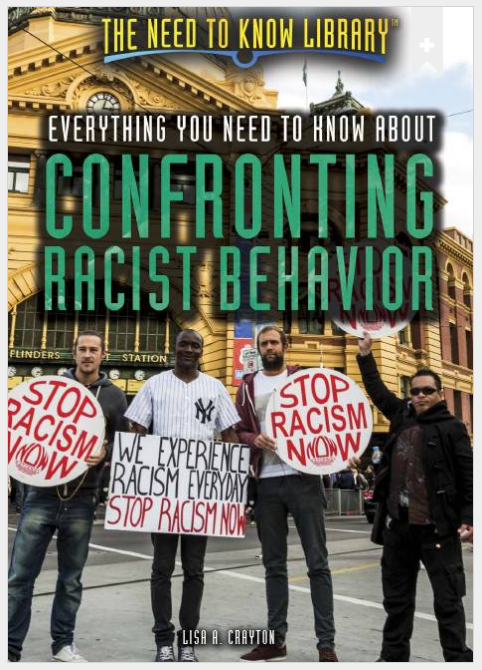 Image of the front cover of Everything you need to know about confronting racist behaviour.  Four men are standing in front of Flinders Street Station, Melbourne, holding placards showing anti-racist slogans.