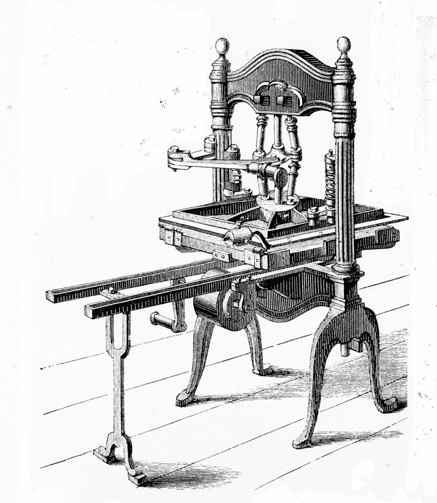 Illustration of  a small, metal, freestanding printing press
