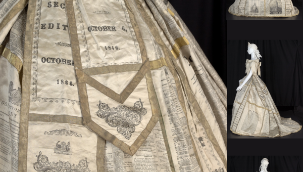 Four images of the Press Dress, Dress made with white satin panels of her skirt, printed with pages from 13 Melbourne newspapers 1866