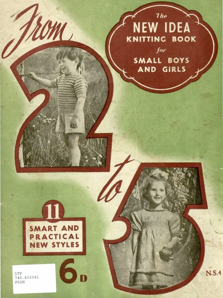 Green cover featuring large numbers 2 and 5 with black and white photos of a boy and a girl wearing knitted clothing items