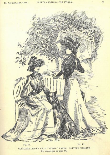 Illustration of woman dressed in finery sitting on a park bench patting a dog, a woman also infine costume, stands beside her holding a parasol 