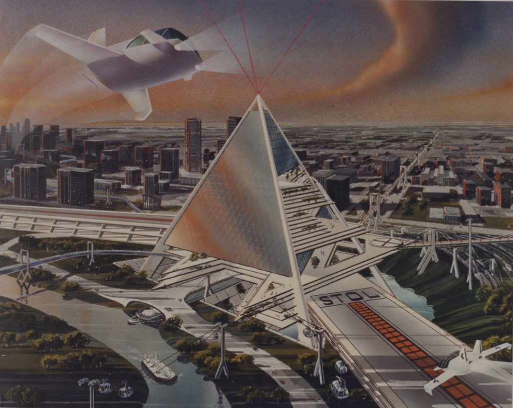 Futuristic pyramid building next to river, with cityscape in background and two flying aircraft in top-left and bottom-right of image.