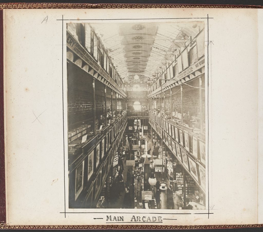 Black and white photograph showing interior view of Cole’s Book Arcade.