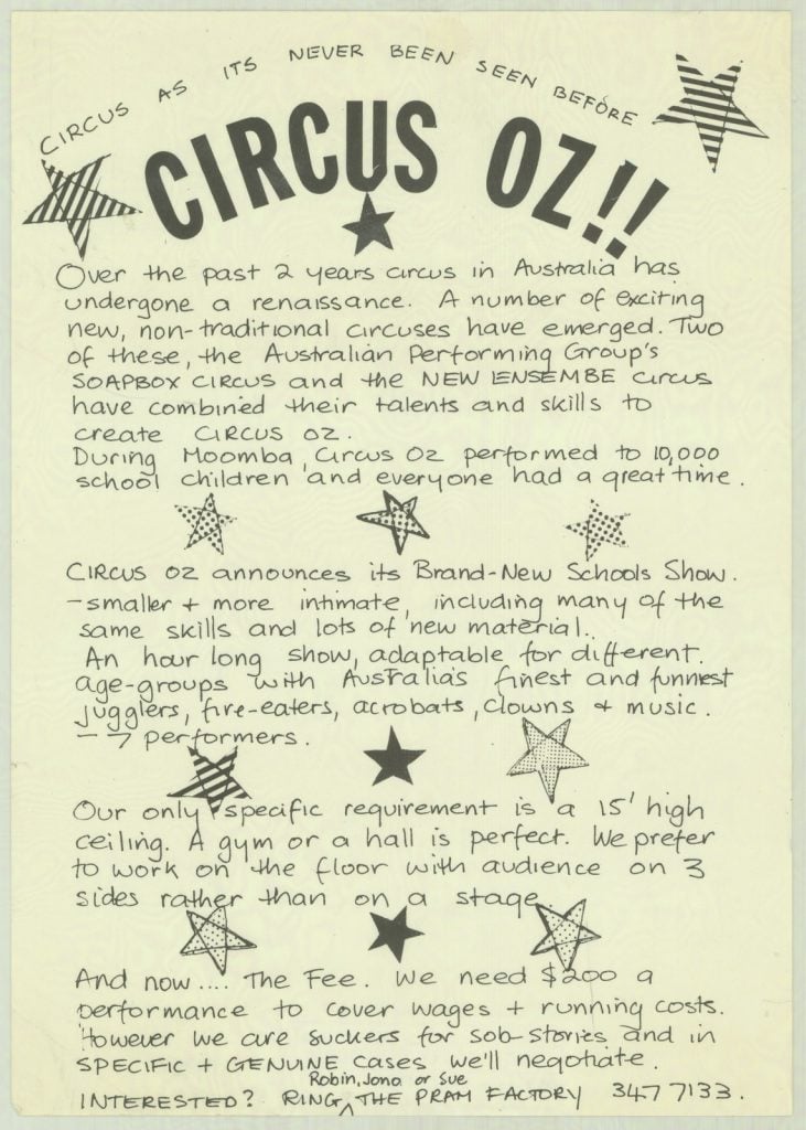 Pram Factory poster advertising Circus Oz performance featuring handwriting and hand drawn stars 