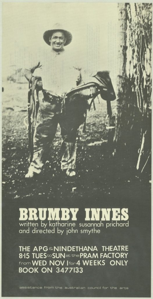 Black and poster featuring man holding horse saddle and heading 'Brumby Innes'