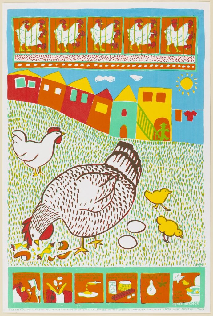 Poster with free range chickens, food scraps, eggs and a row of battery hens in the background.
