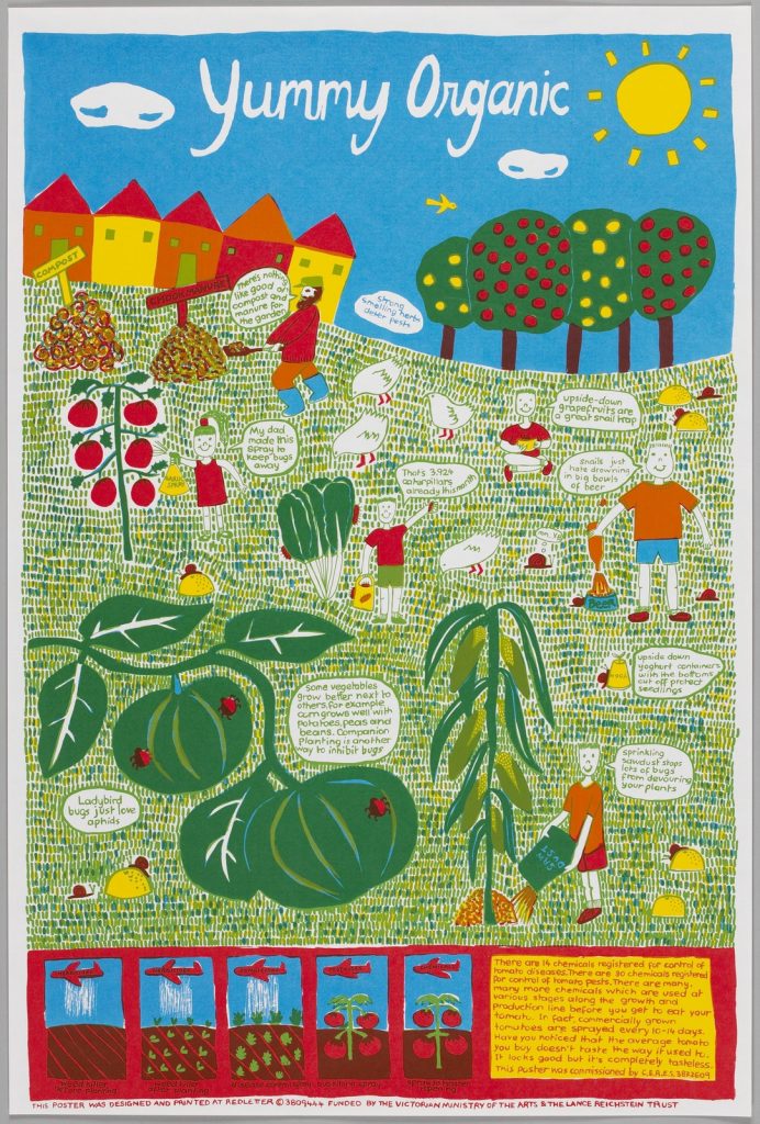 Poster promoting organic food with vegetables, fruit trees a farmer and children.