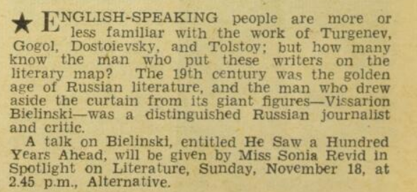 Listing in ABC magazine for a talk on Bielinski entitled He Saw a Hundred Years Ahead to be given by Sonia Revid in Spotlight on Literature on ABC radio.