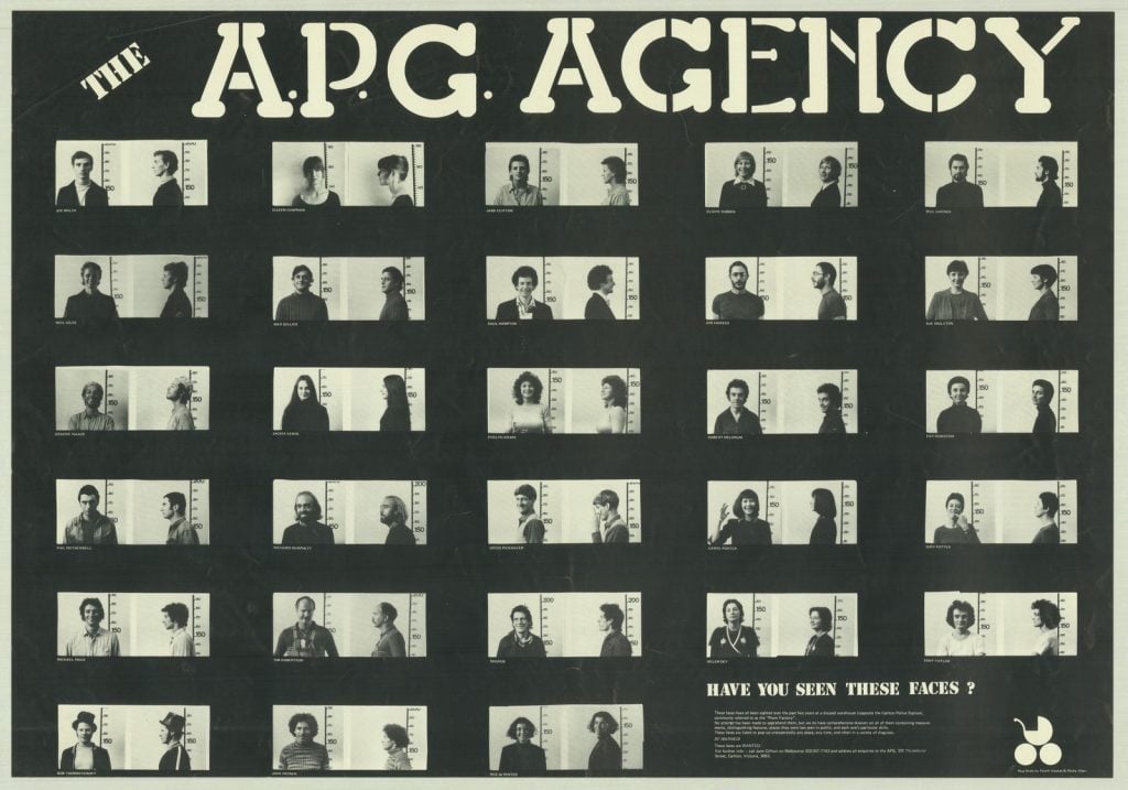 Australian Performing Group poster featuring photos in the style of police mug shots of group members