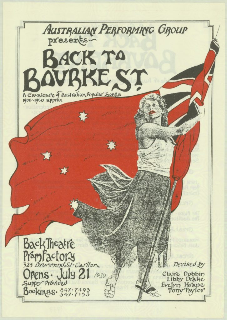 Poster features woman holding up red flag and title 'Back to Bourke Street'