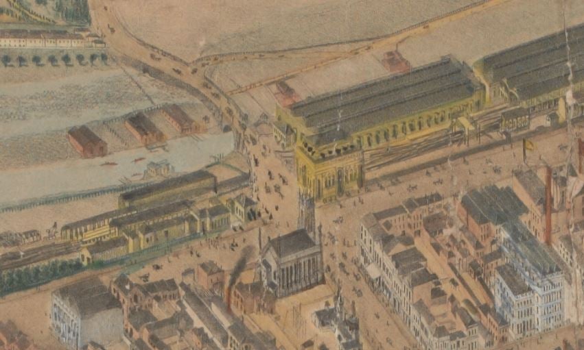 Detail showing Swanston and Flinders St intersection, depicting the fish market, the city morgue, the Melbourne & Hobson's Bay United Railways' Co Terminus, and St Paul's cathedral, Isometrical plan of Melbourne & suburbs, 1866