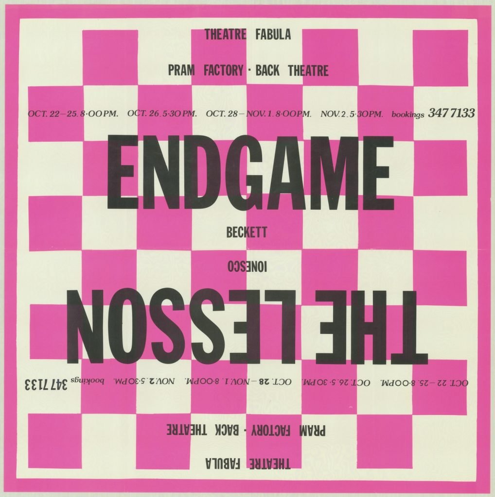 Pink and white poster advertising performance of plays 'Endgame' and 'The Lesson'