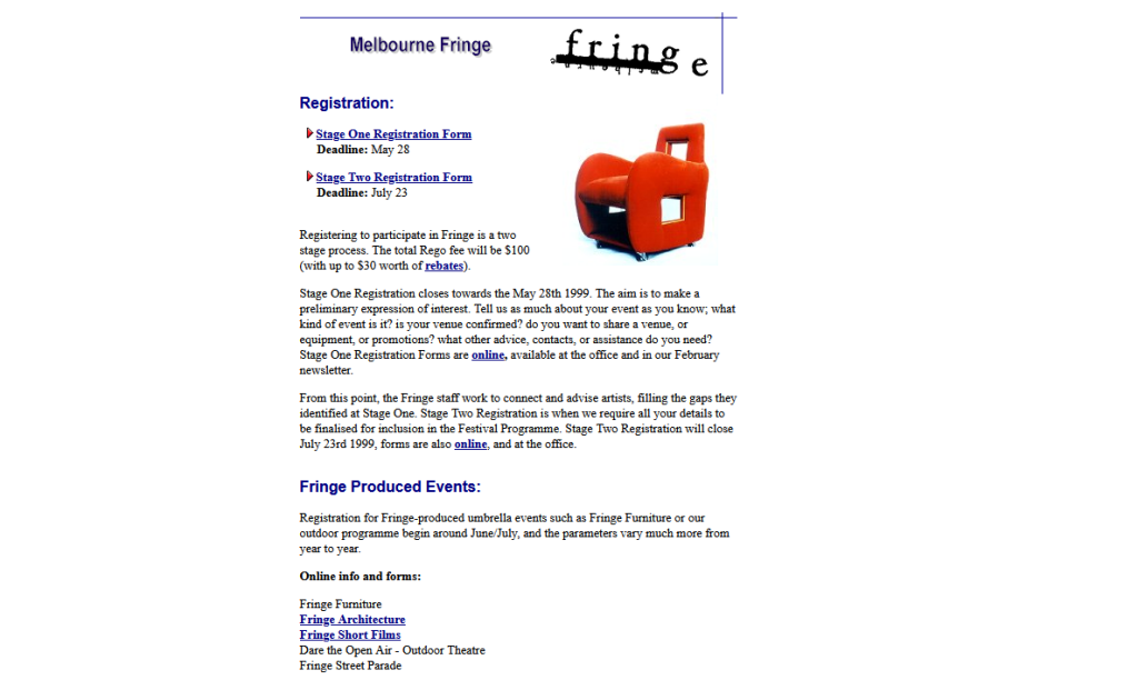 Registration page from the 1999 Melbourne Fringe Festival Website