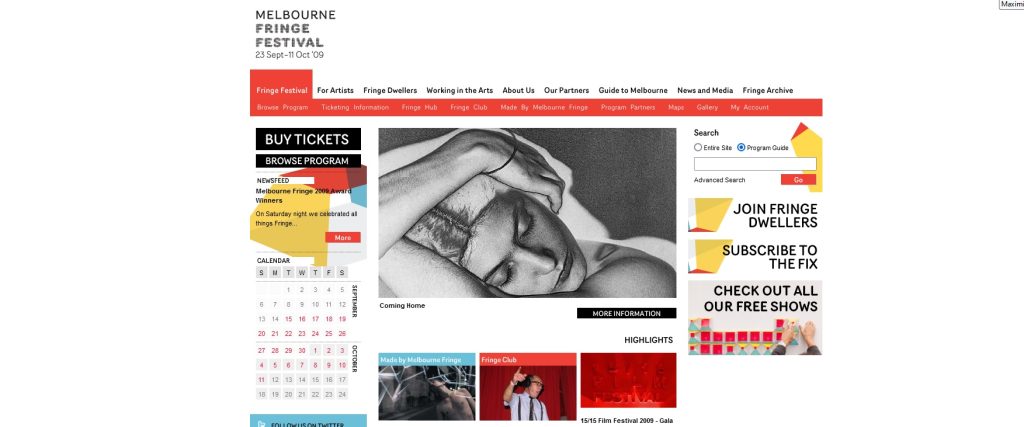 Home page of the 2009 Melbourne Fringe Festival Website