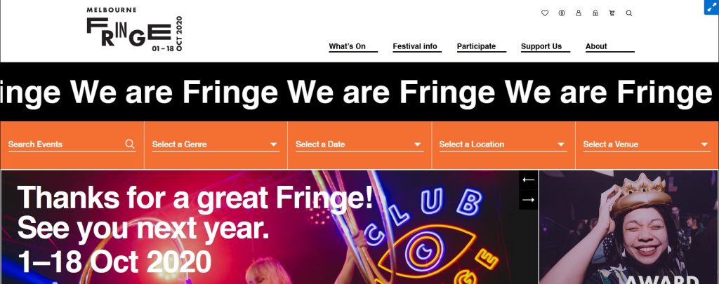 Home page of the 2019 Melbourne Fringe Festival Website