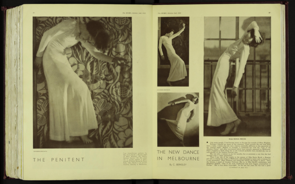 Two-page spread in The Home magazine, titled The New Dance in Melbourne, showing four images of Sonia Revid posing while dancing.