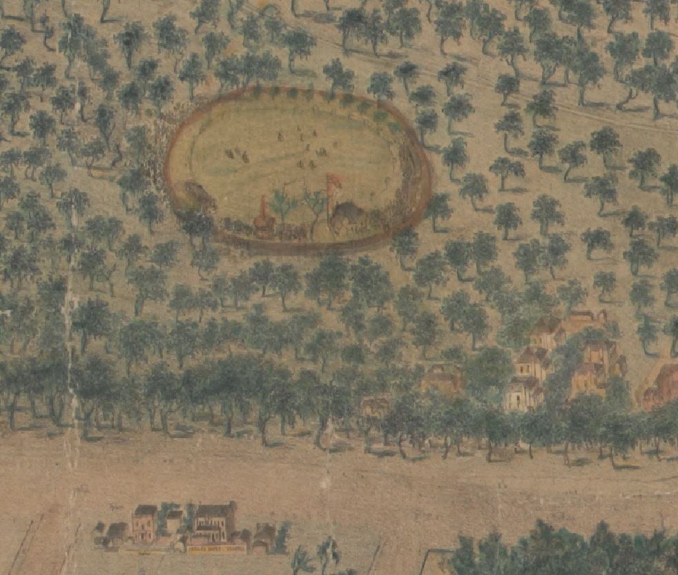 Detail showing Melbourne Cricket Ground, surround by bush with some buildings visible,  Isometrical plan of Melbourne & suburbs, 1866