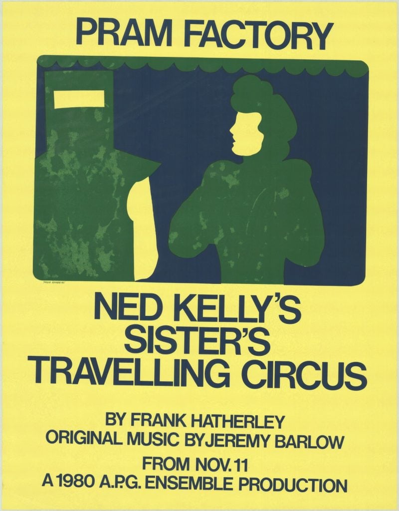 Yellow Pram Factory poster advertising 'Ned Kelly's sister's travelling circus' features green and blue picture of Ned Kelly in armour with woman standing next to him