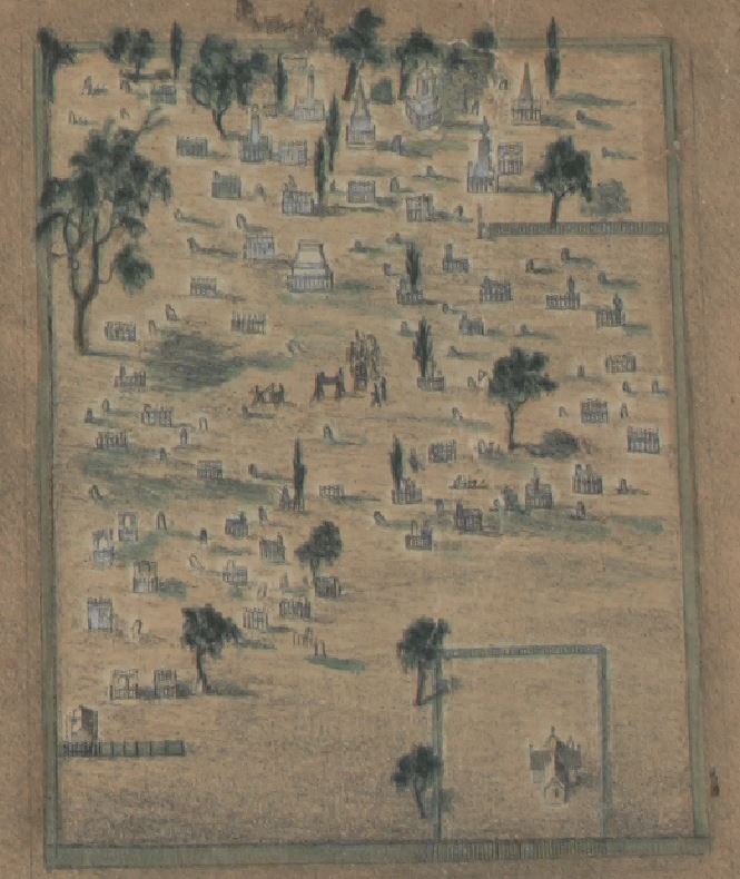 Detail showing Melbourne's first major cemetery - the Old Melbourne Cemetery (1873-1922), now located largely under the Queen Victoria market car park, Isometrical plan of Melbourne & suburbs, 1866