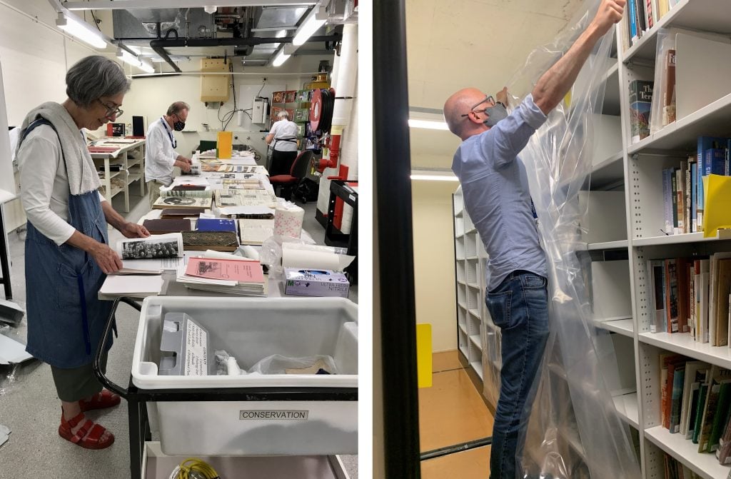 Two images side by side. The image on the left shows Conservation staff in a lab assessing water-damaged books on a long table. The image on the right shows a Property staff member draping clear plastic sheeting over grey metal shelving containing books. 