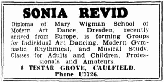 Advertisement for Sonia Revid's School of Modern Art Dance.