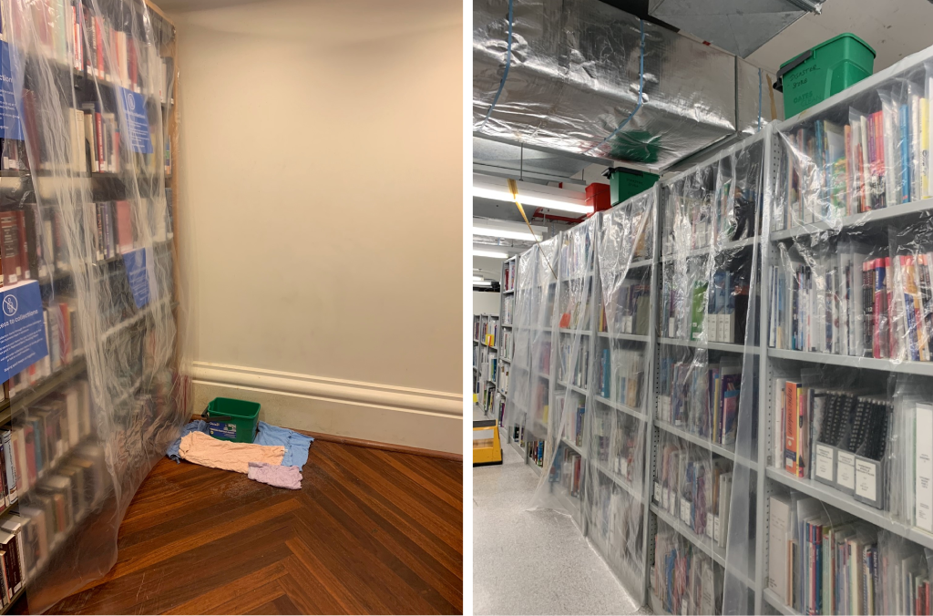 Two images side by side. The left image shows plastic covered shelving with books, in a public reading room. There is a green plastic bucket on the floor surrounded by rags. The right image shows plastic covered grey metal shelving with books in a collection storage area.