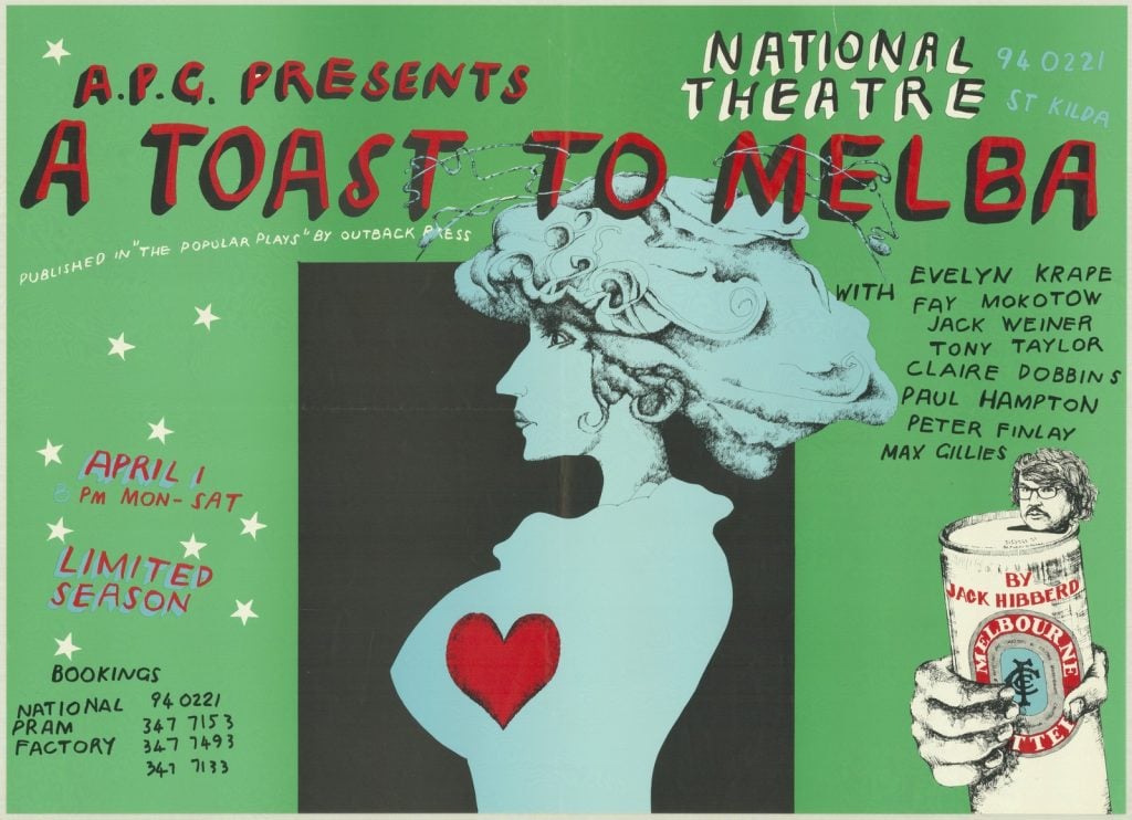 Green poster advertising play 'A Toast to Melba' features illustrated profile of woman in centre and can of Melbourne Bitter at bottom right 
