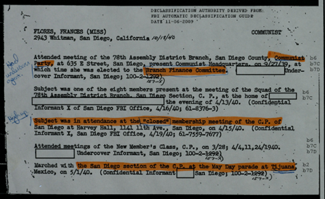 Partly redacted and highlighted excerpt of FBI file on Miss Frances Flores.