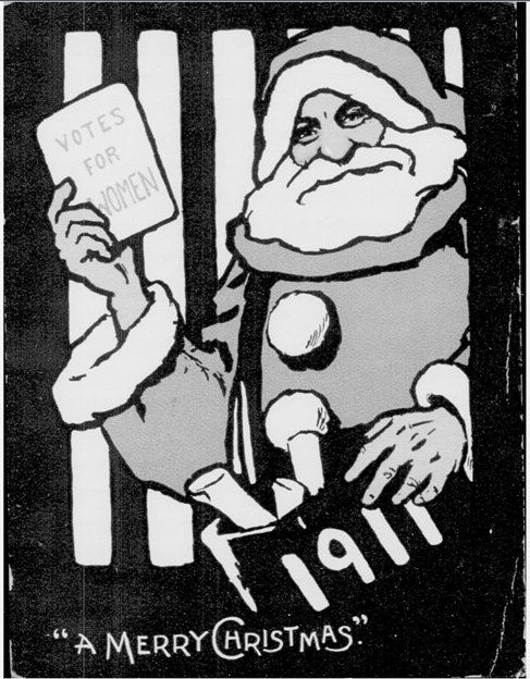 Christmas postcard showing Santa Claus holding a pamphlet reading 'Votes for Women'