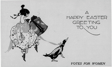 Easter postcard showing a woman and a duck with the text 'Votes for Women' in bottom right corner
