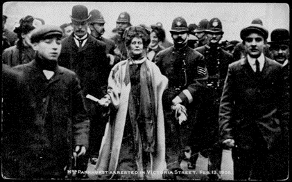 Postcard showing the arrest of Mrs Pankhurst in Victoria Street in 1906