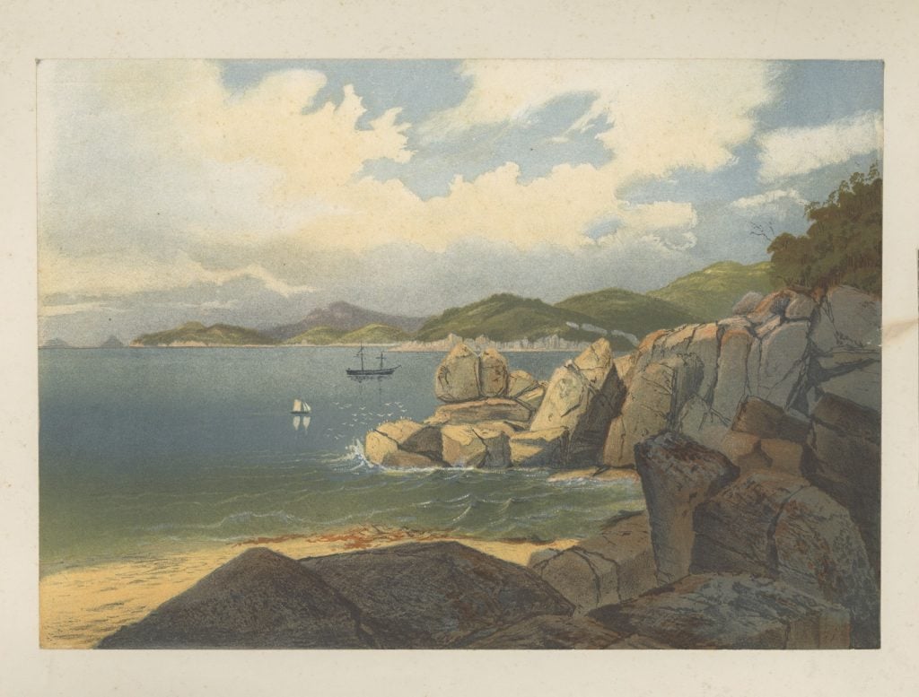 Coloured lithograph of refuge Cove, 2 boast in the middle distance, rocky shore in the foreground.