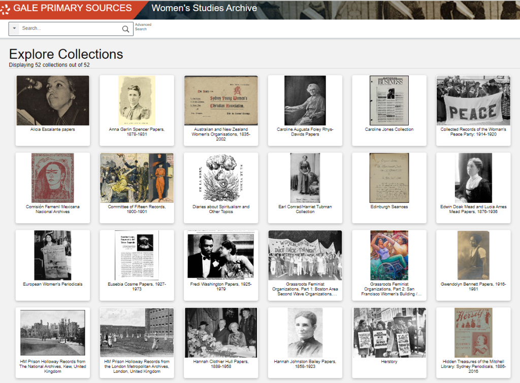 Screenshot of the Collections view of the Women's Studies Archives.