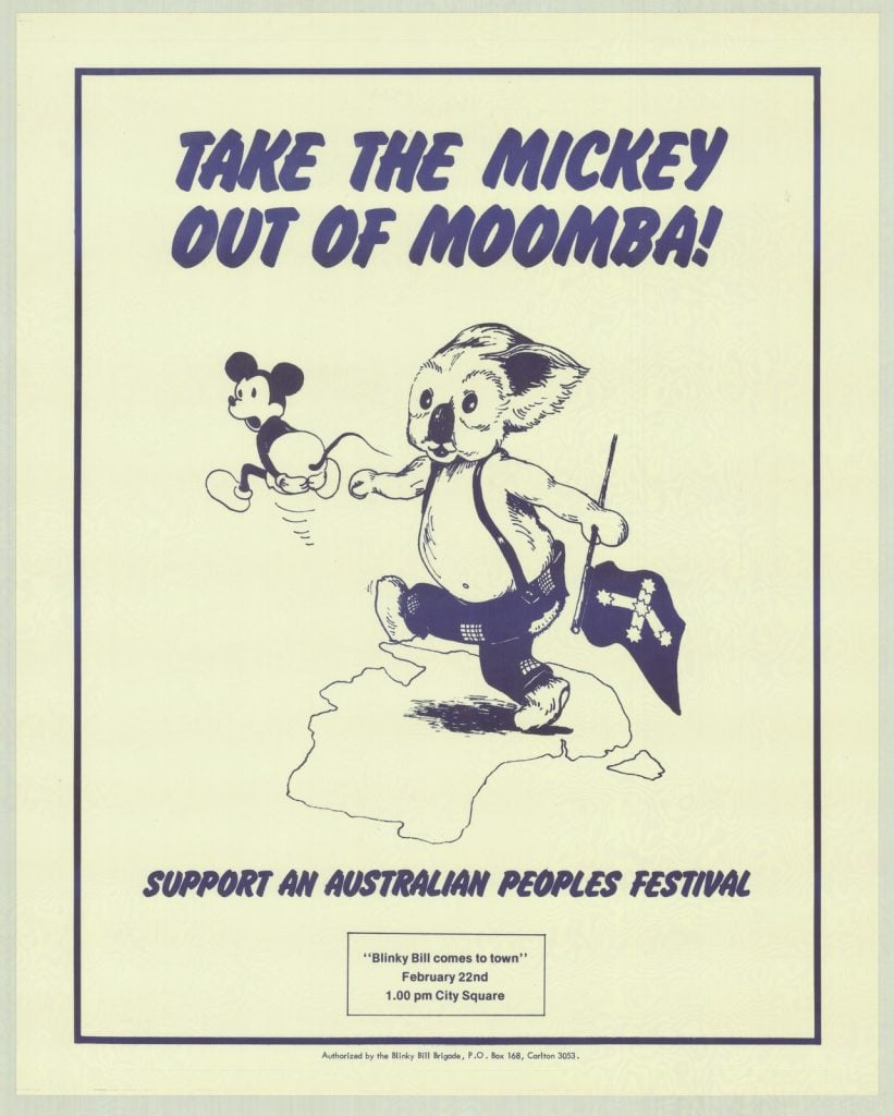 Poster with picture of Blinky Bill chasing Mickey Mouse out of town and title 'Take the Mickey out of Moomba'