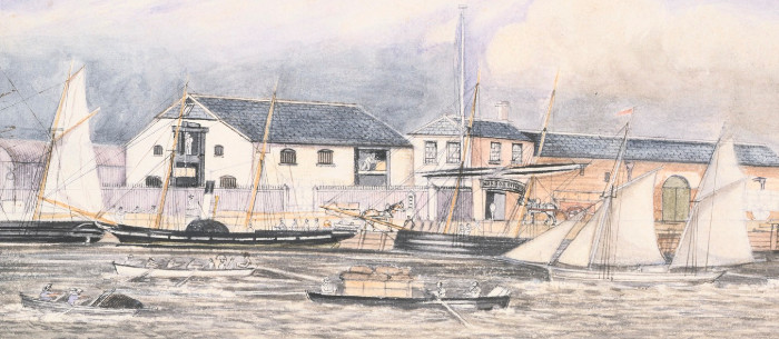 Watercolour painting of shows sailing ships, steamship, boats at dock and horse drawn vehicles on wharf.