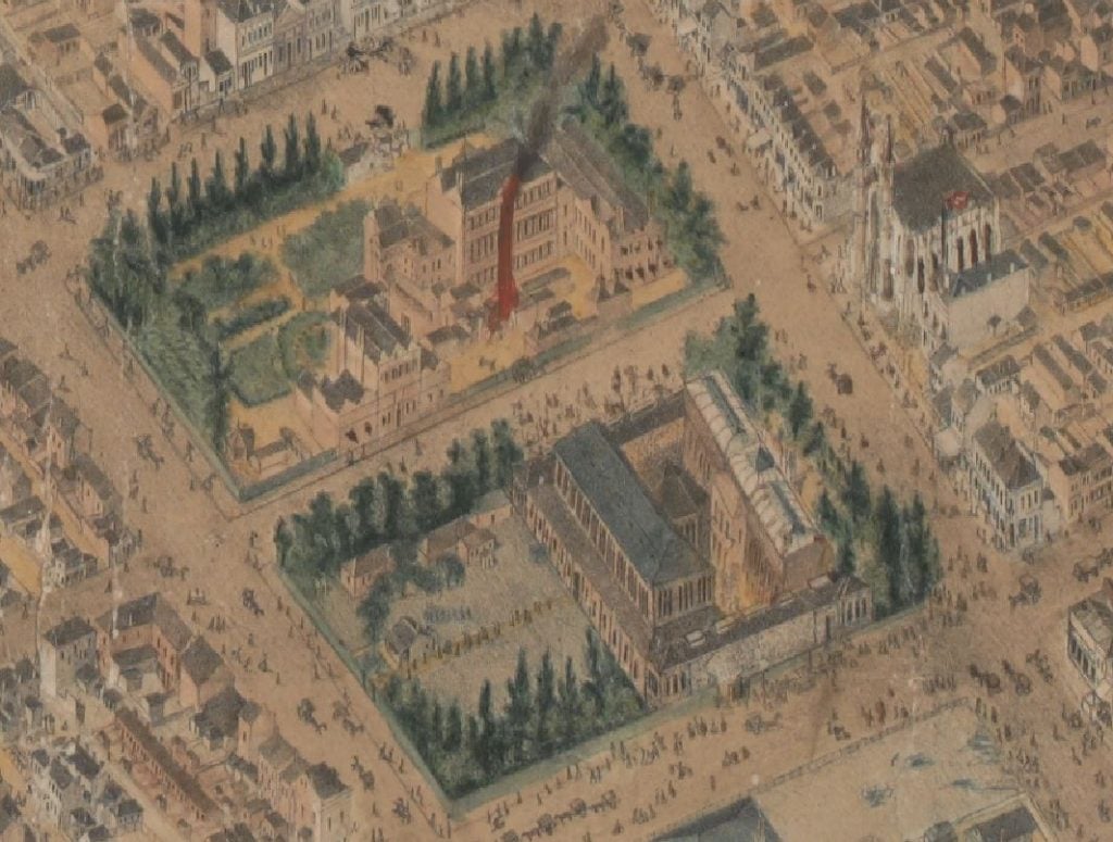 Detail showing Melbourne Hospital (now QV Melbourne) and the Melbourne Public Library (now State Library Victoria) on Swanston Street, Isometrical plan of Melbourne & suburbs, 1866
