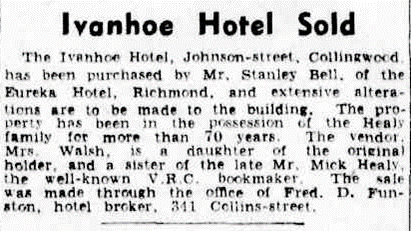 Newspaper article about the sale of the Ivanhoe Hotel.