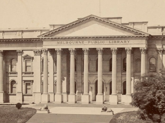 Black and white photo of the exterior of the Melbourne Public Library in 1873