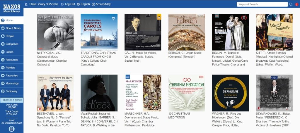 Screenshot of the Naxos Music Library homepage featuring a series of album covers. 