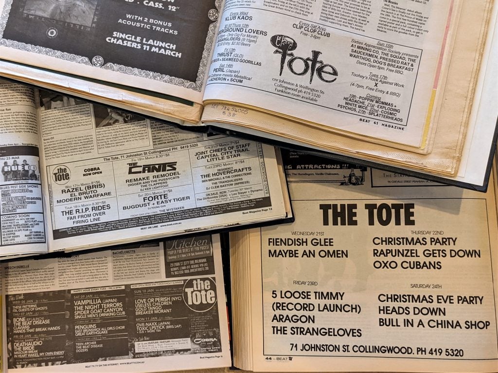 Photograph of the gig listings for The Tote in four copies of Beat Magazine
