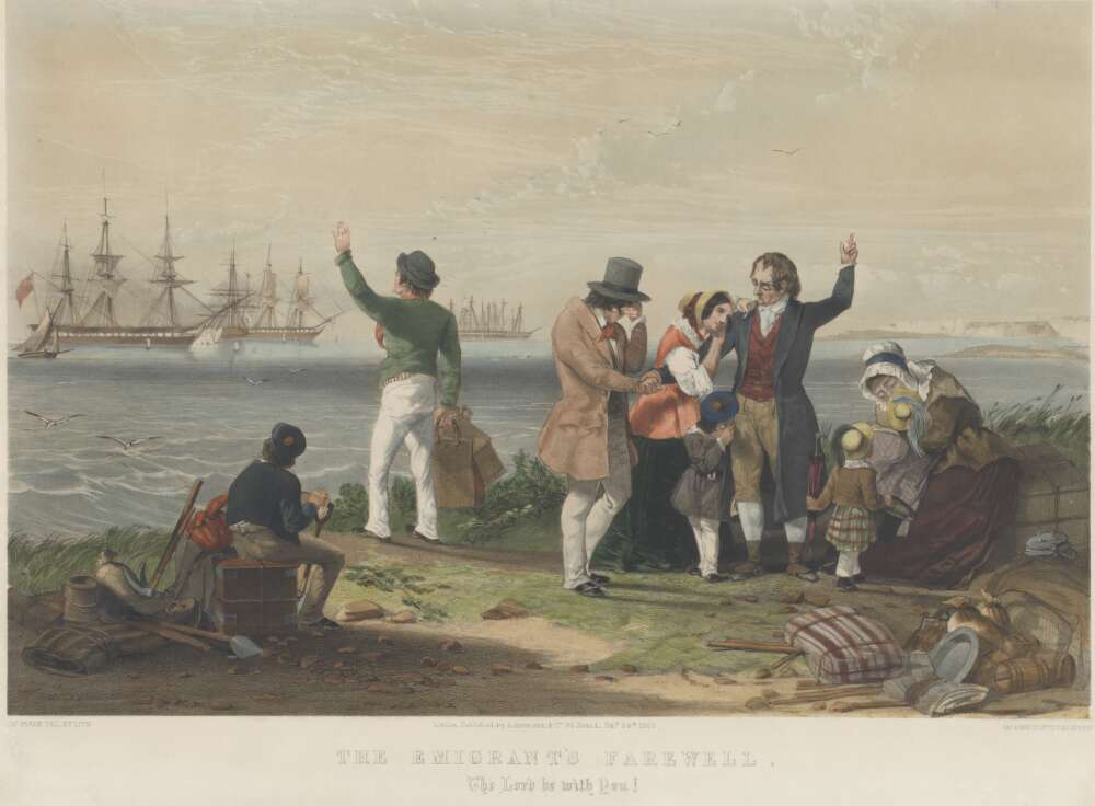 Nineteenth century painting of sailing ships, people on the wharf saying farewell.
