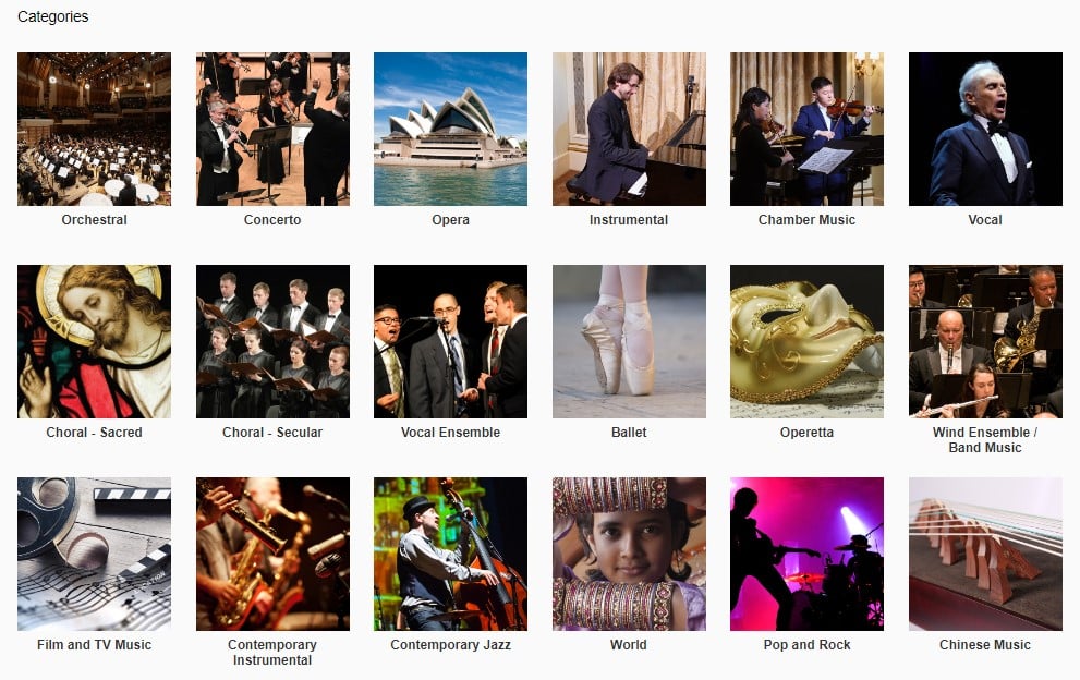 Grid of images for browsing different categories of music. 