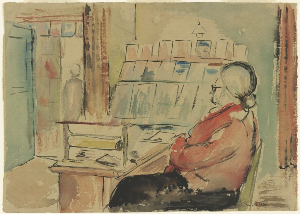 Watercolour painting of Nettie sitting behind a desk at a bookshop in Prahran