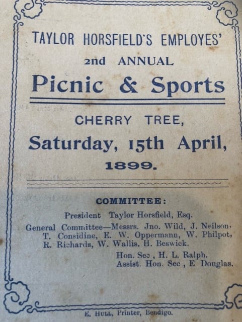 Front cover for program of Taylor Horsfield employees second annual picnic at Cherry Tree, 15th April, 1899. List of committee members.  