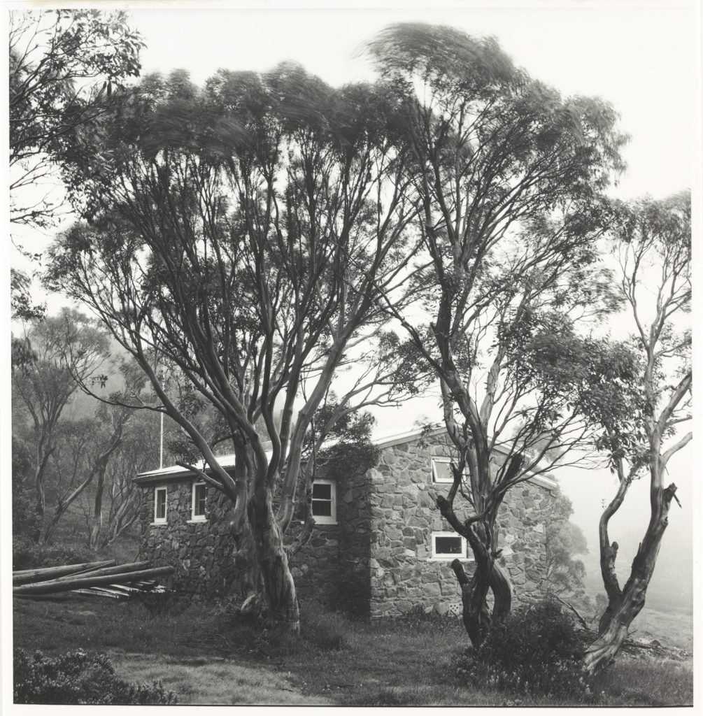 Black and white photograph of a stone hut sitting behind several trees. 