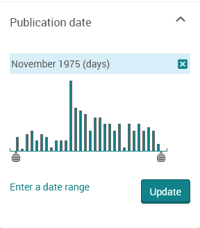 Image of publication date filter from Proquest Australian Newspapers Collection database. Filter is set to narrow search range to days from November 1975.